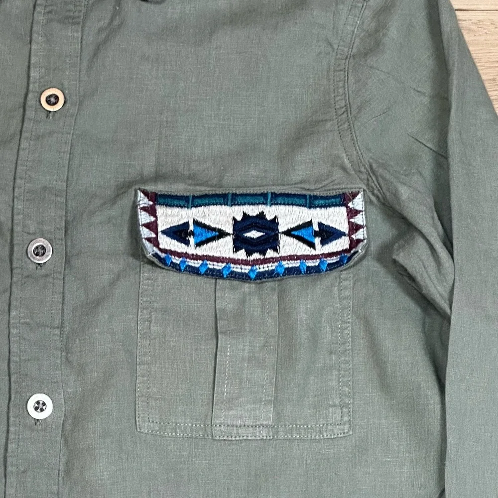 Rails Button Up Shirt Long Sleeve Aztec Trim Olive Green Casual - Picture 3 of 9